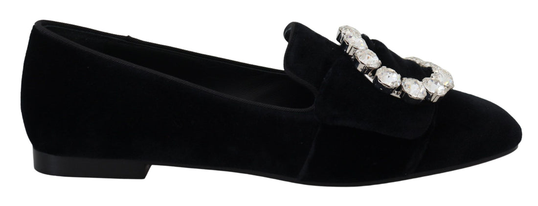 Dolce & Gabbana Black Velvet Crystals Loafers Flats Shoes - Whispers Of Wisdom Clothing