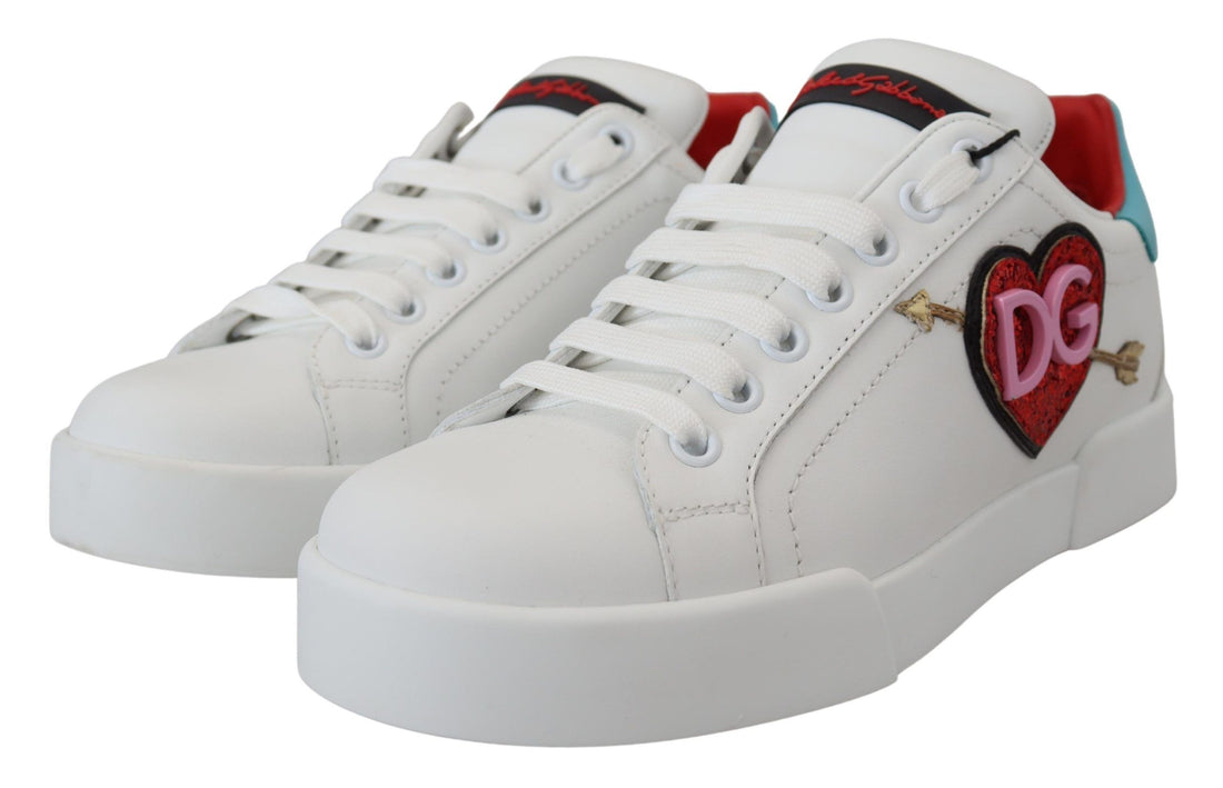 Dolce & Gabbana White Leather Sneaker Portofino Logo Heart Shoes - Whispers Of Wisdom Clothing