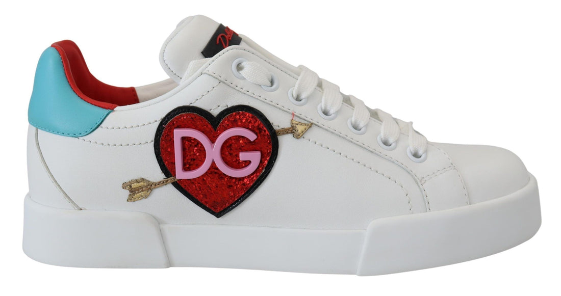 Dolce & Gabbana White Leather Sneaker Portofino Logo Heart Shoes - Whispers Of Wisdom Clothing