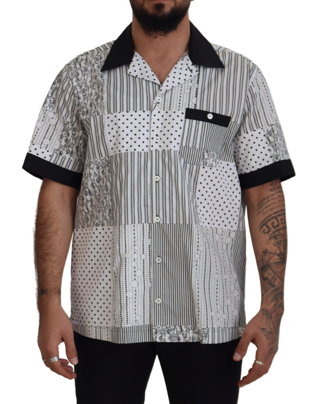 Dolce & Gabbana White Black Patterned Button Down Shirt - Whispers Of Wisdom Clothing