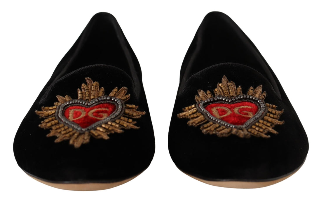 Dolce & Gabbana Black DG Sacred Heart Patch Slip On Flat Shoes - Whispers Of Wisdom Clothing