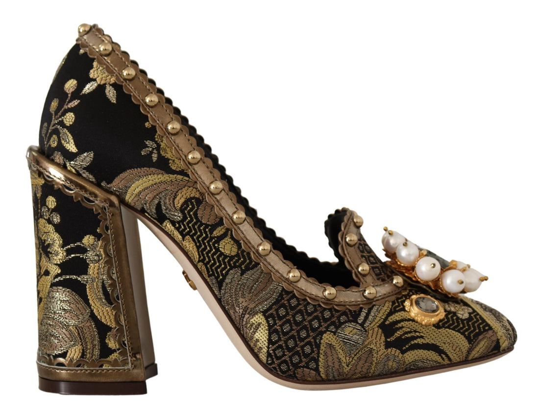 Dolce & Gabbana Gold Crystal Square Toe Brocade Pumps Shoes - Whispers Of Wisdom Clothing