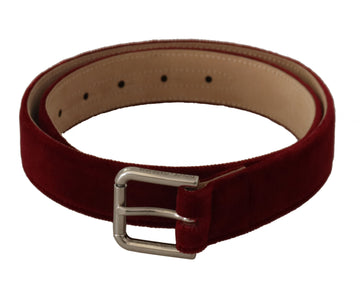 Dolce & Gabbana Red Velvet Silver Logo Engraved Metal Buckle Belt - Whispers Of Wisdom Clothing