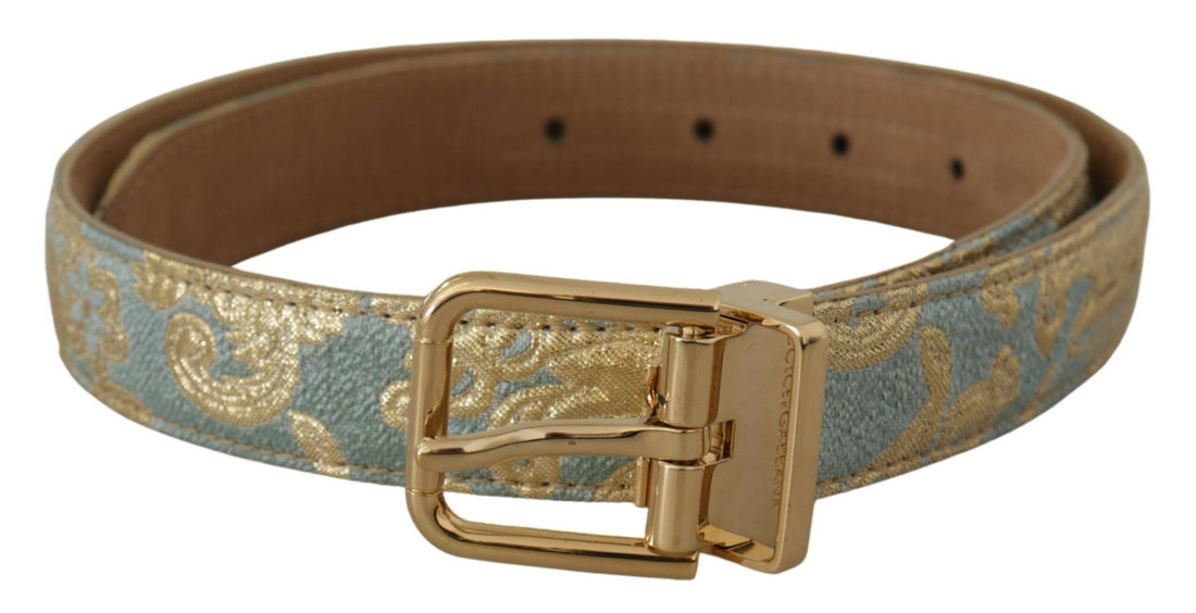 Dolce & Gabbana Blue Leather Jacquard Embossed Gold Metal Buckle Belt - Whispers Of Wisdom Clothing