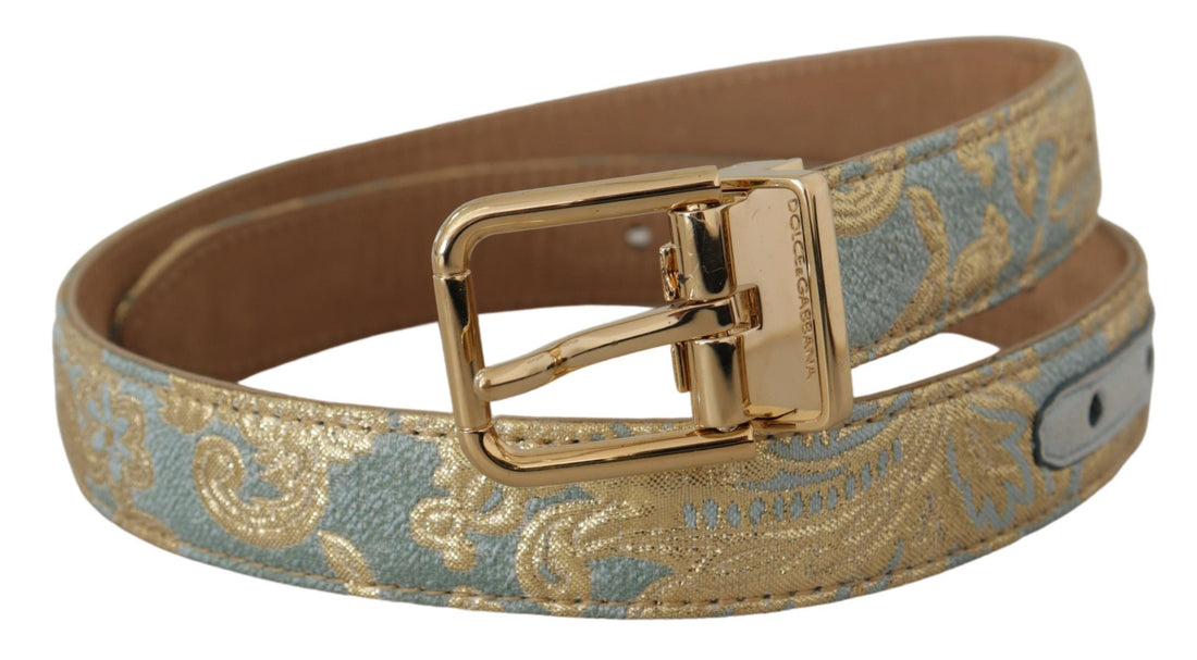 Dolce & Gabbana Blue Leather Jacquard Embossed Gold Metal Buckle Belt - Whispers Of Wisdom Clothing
