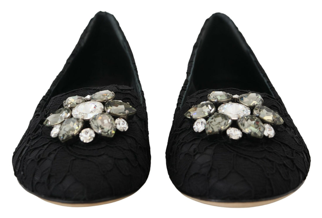 Dolce & Gabbana Black Taormina Lace Crystals Flats Shoes - Whispers Of Wisdom Clothing