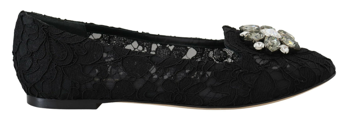 Dolce & Gabbana Black Taormina Lace Crystals Flats Shoes - Whispers Of Wisdom Clothing
