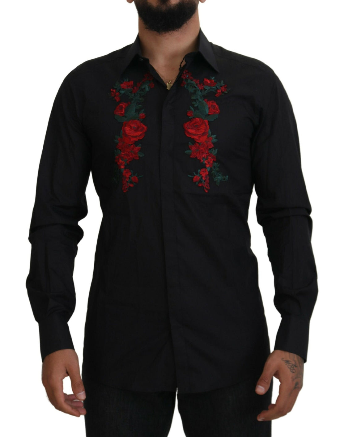 Dolce & Gabbana Black Floral Embroidery Men Long Sleeves GOLD Shirt - Whispers Of Wisdom Clothing