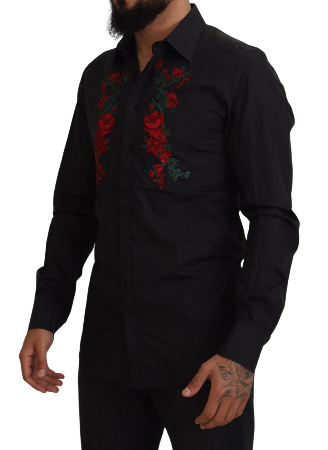 Dolce & Gabbana Black Floral Embroidery Men Long Sleeves GOLD Shirt - Whispers Of Wisdom Clothing