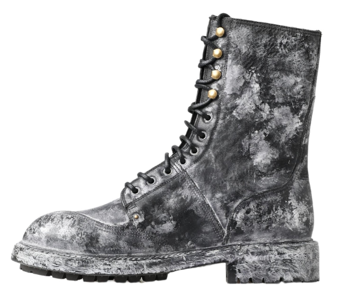 Dolce & Gabbana Black Gray Leather Mid Calf Boots Shoes - Whispers Of Wisdom Clothing