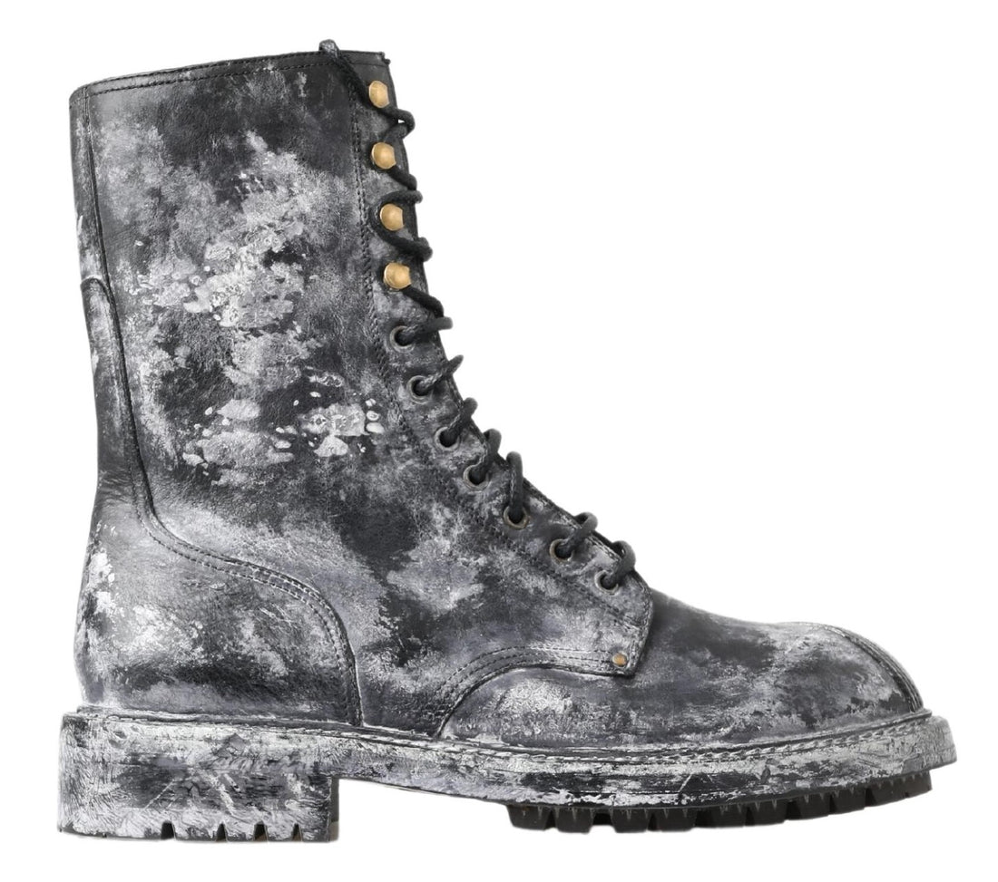 Dolce & Gabbana Black Gray Leather Mid Calf Boots Shoes - Whispers Of Wisdom Clothing