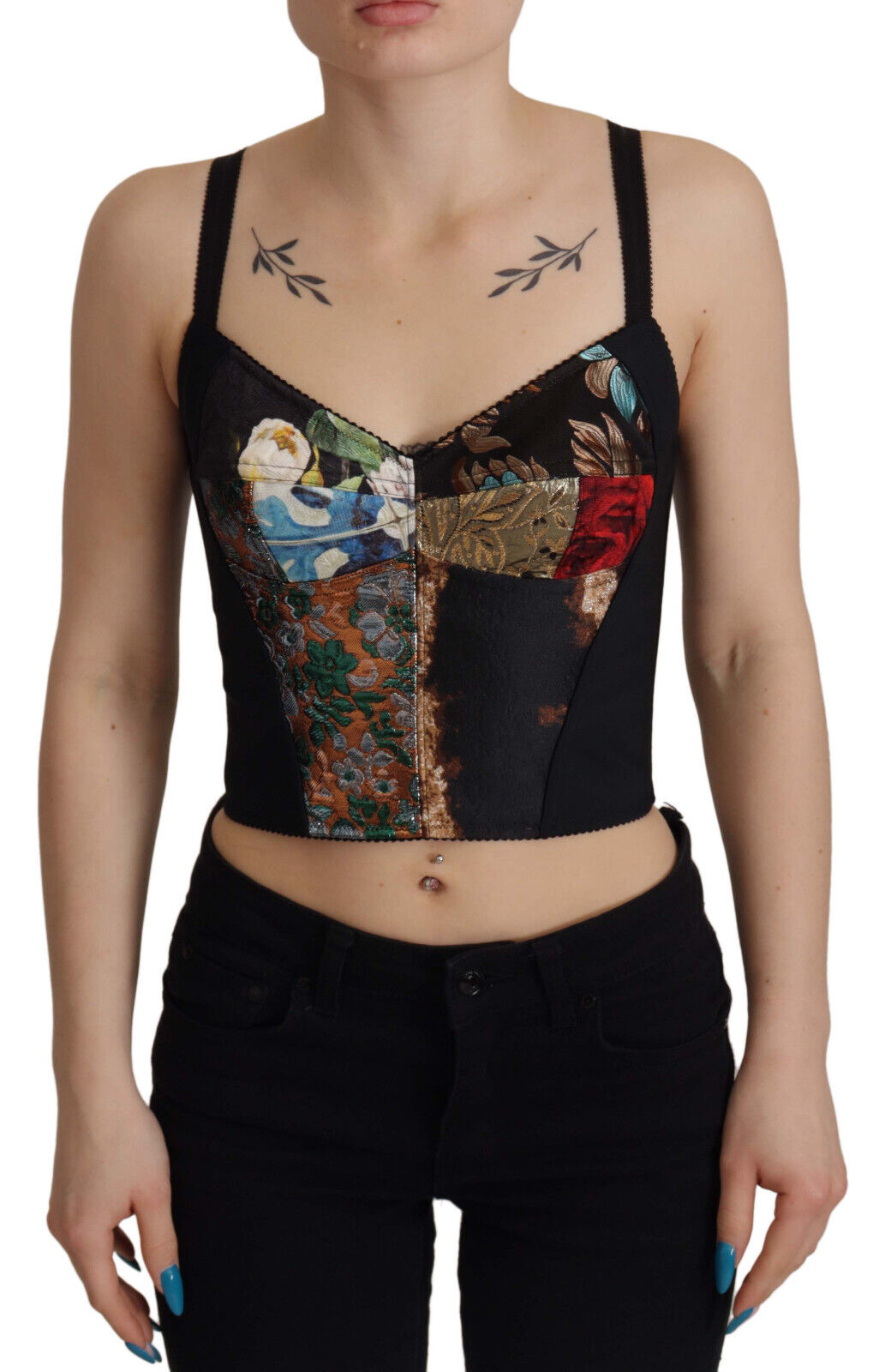 Dolce & Gabbana Black Patchwork Sicily Blouse Corset Cropped Top - Whispers Of Wisdom Clothing