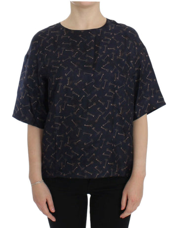 Dolce & Gabbana Blue gold key print silk blouse - Whispers Of Wisdom Clothing