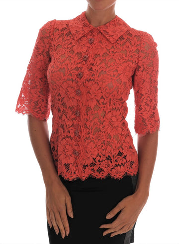 Dolce & Gabbana Orange Crystal Buttons Floral Lace Blouse - Whispers Of Wisdom Clothing