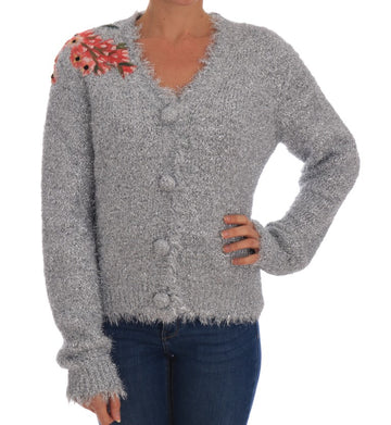 Dolce & Gabbana Silver Cardigan Floral Applique Sweater - Whispers Of Wisdom Clothing