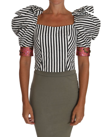 Dolce & Gabbana White Black Striped Cropped Top Puff Sleeve Shirts - Whispers Of Wisdom Clothing