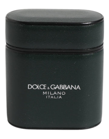 Dolce & Gabbana Green Calfskin Leather Logo Print Flip Holder Airpods Case