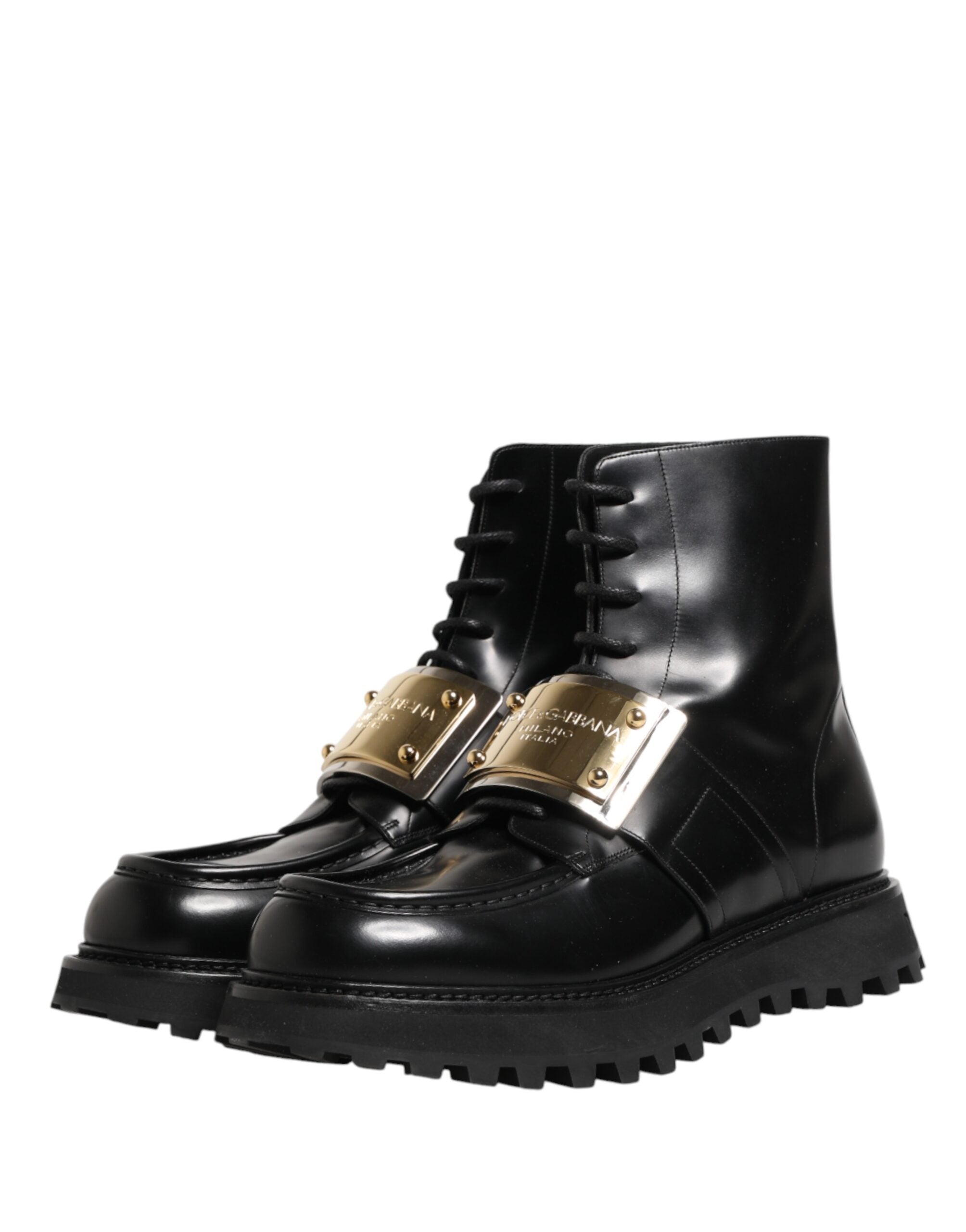 Dolce & Gabbana Black Leather DG Plaque Lace Up Boots Shoes