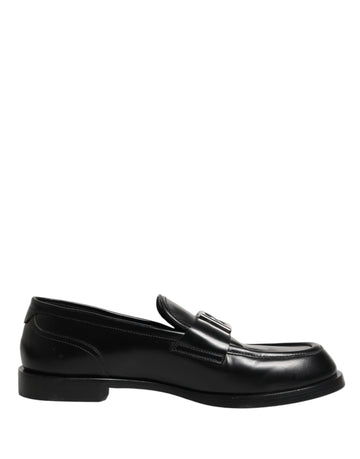 Dolce & Gabbana Black Leather DG Plaque Loafers Dress Shoes