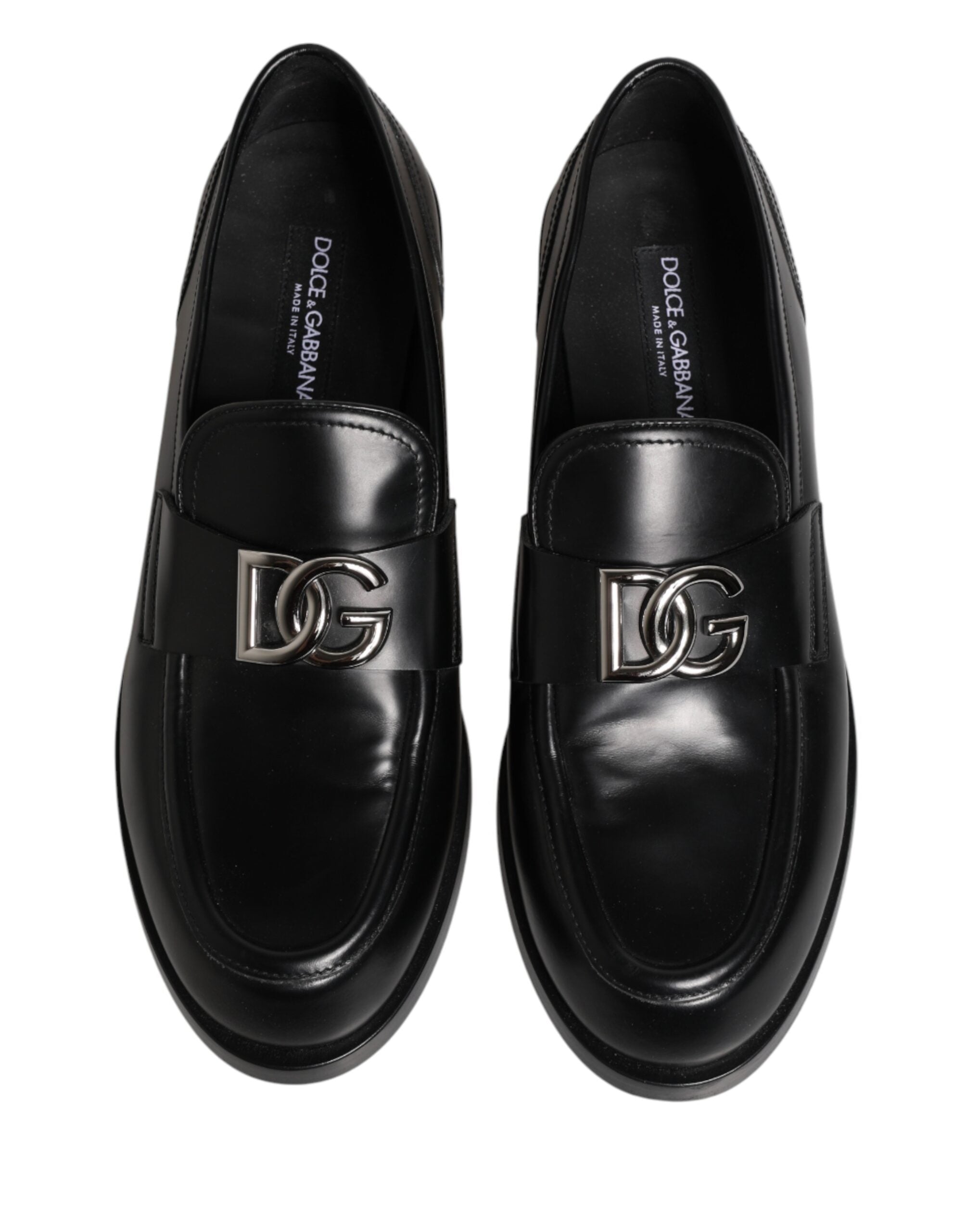 Dolce & Gabbana Black Leather DG Plaque Loafers Dress Shoes