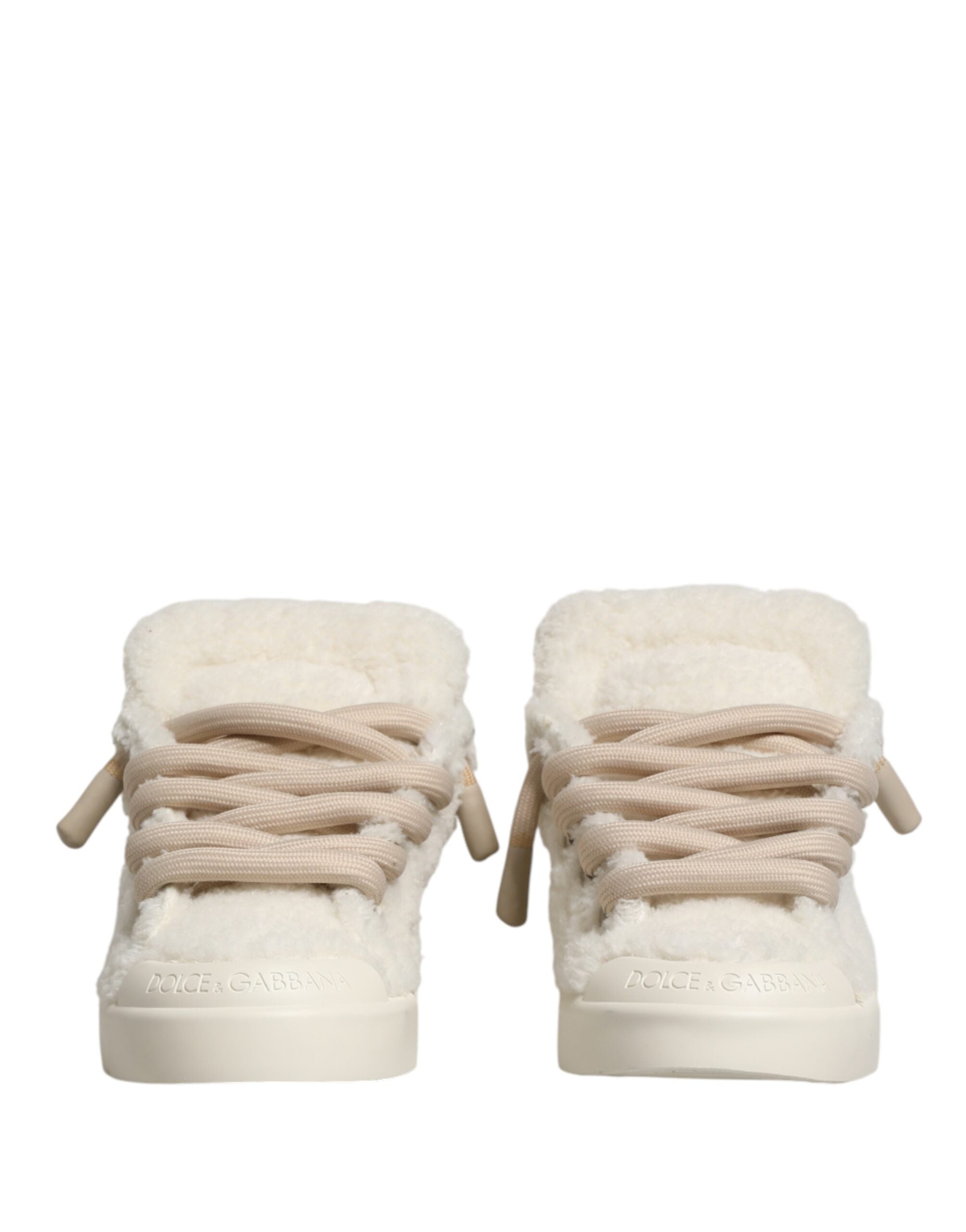Dolce & Gabbana White Faux Shearling Low Top Sneakers  Shoes