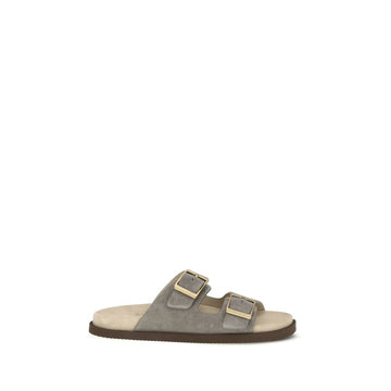 Brunello Cucinelli Gray Calf Leather Bos Taurus Flat Sandals