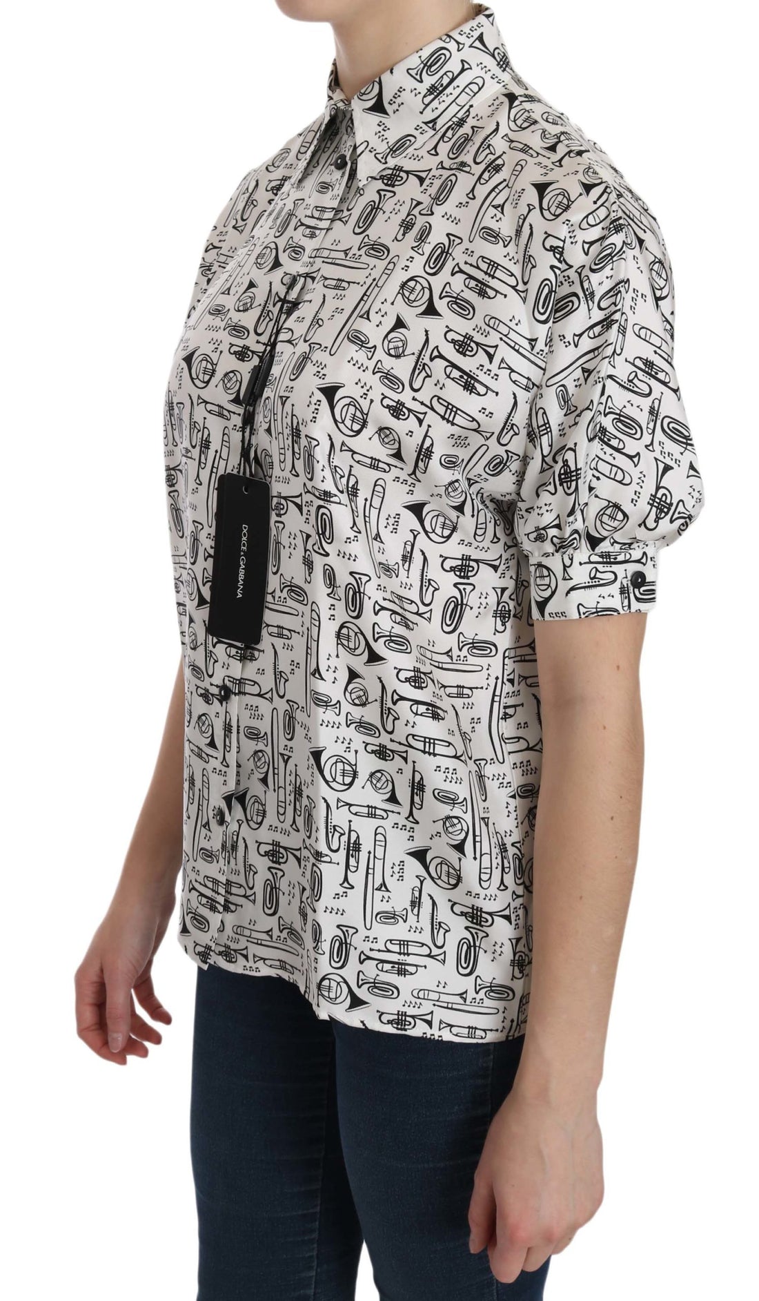 Dolce & Gabbana White Musical Instrument Collared Blouse  Shirt - Whispers Of Wisdom Clothing