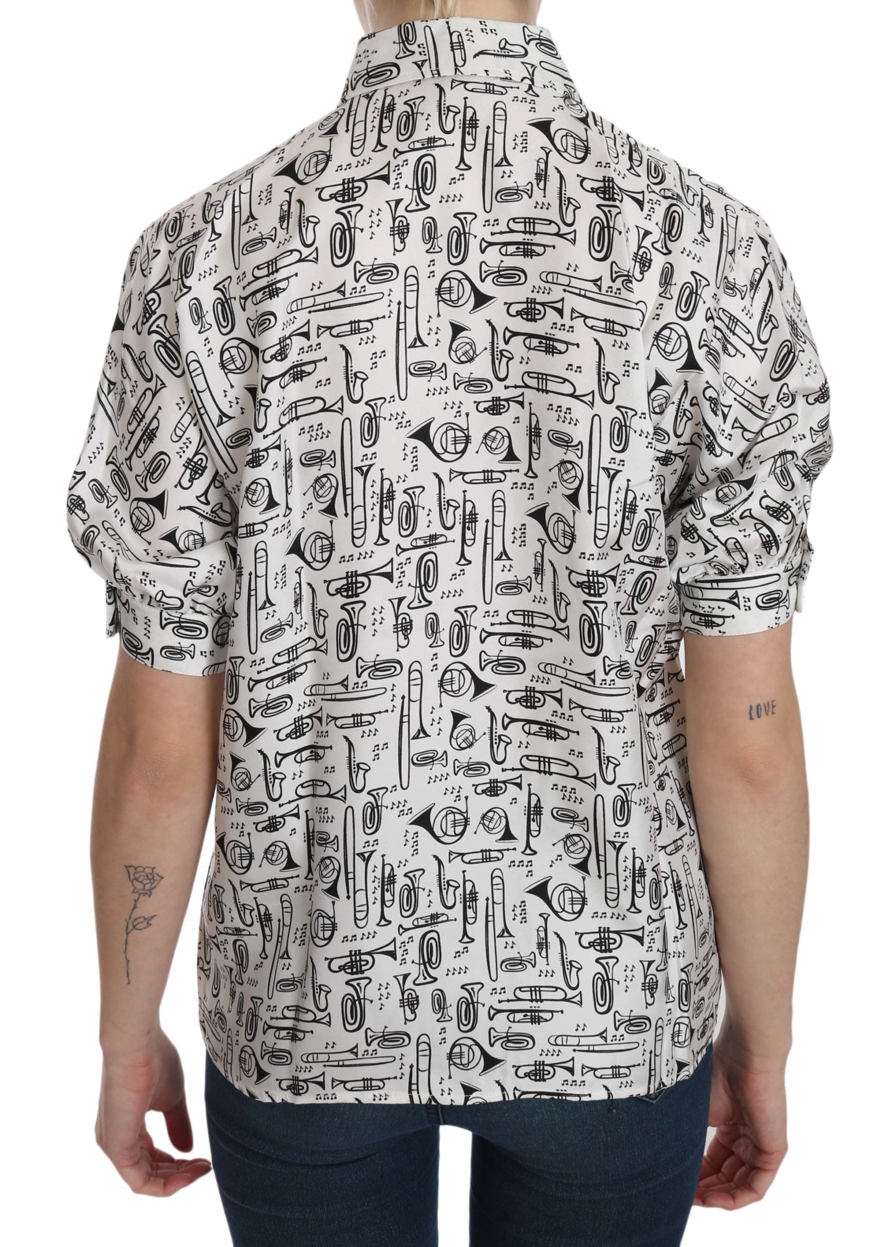 Dolce & Gabbana White Musical Instrument Collared Blouse  Shirt - Whispers Of Wisdom Clothing