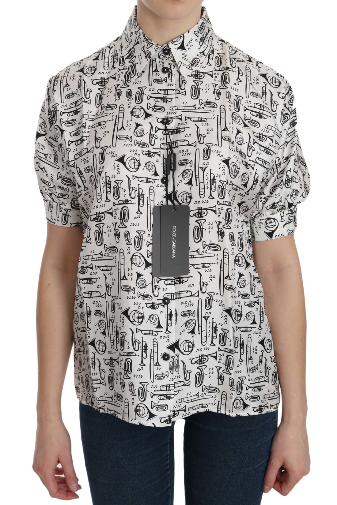 Dolce & Gabbana White Musical Instrument Collared Blouse  Shirt - Whispers Of Wisdom Clothing