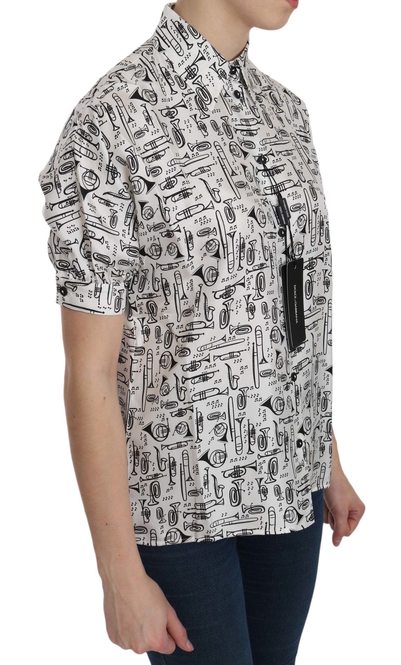 Dolce & Gabbana White Musical Instrument Collared Blouse  Shirt - Whispers Of Wisdom Clothing