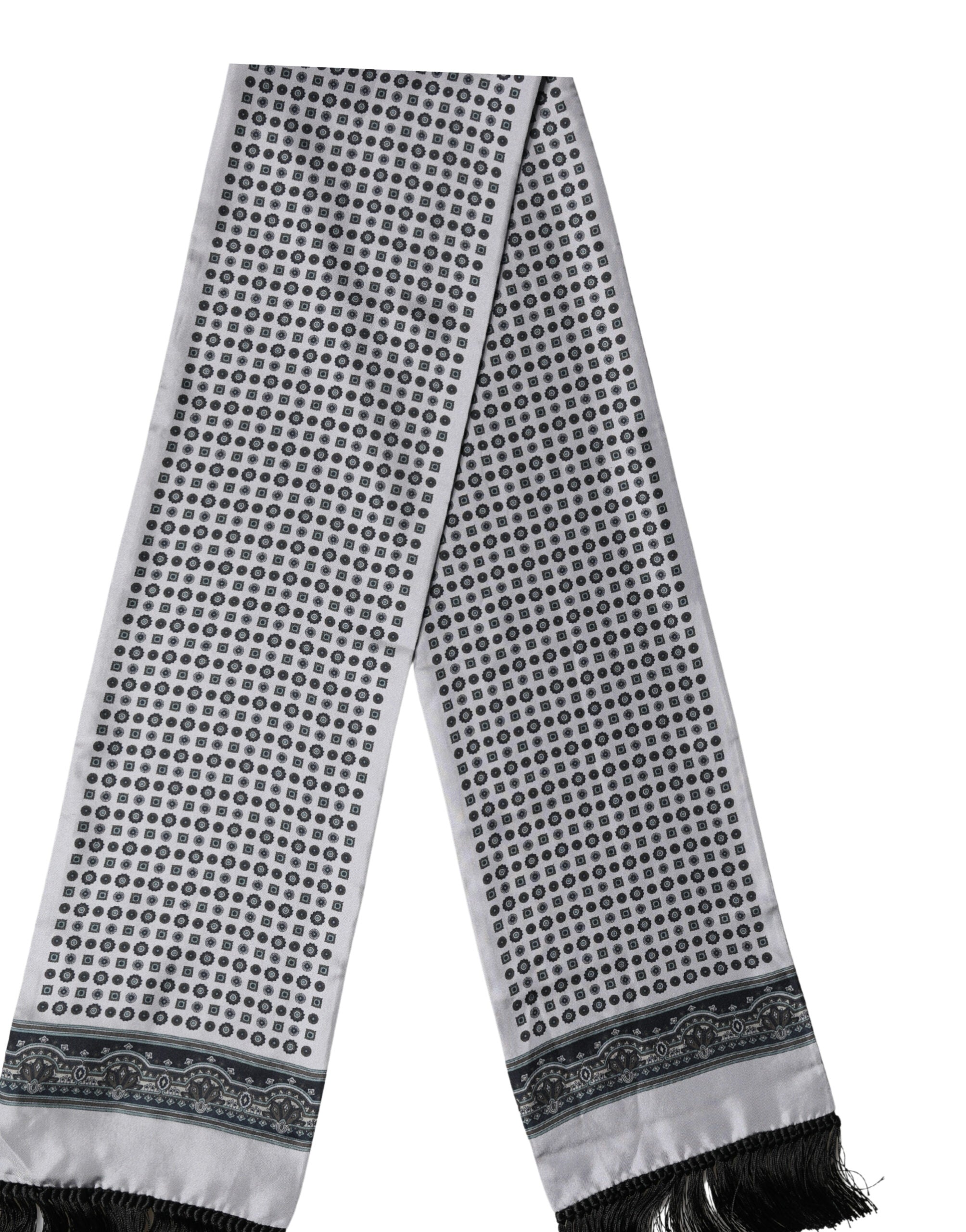 Dolce & Gabbana Grey Silk Geometric Print Pattern Fringe 140cm X 18cm Scarf