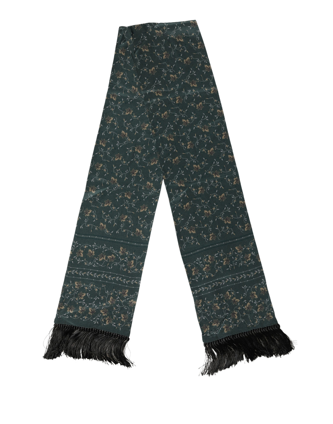 Dolce & Gabbana Green Silk Floral Pattern Fringed 135cm X 16cm  Scarf