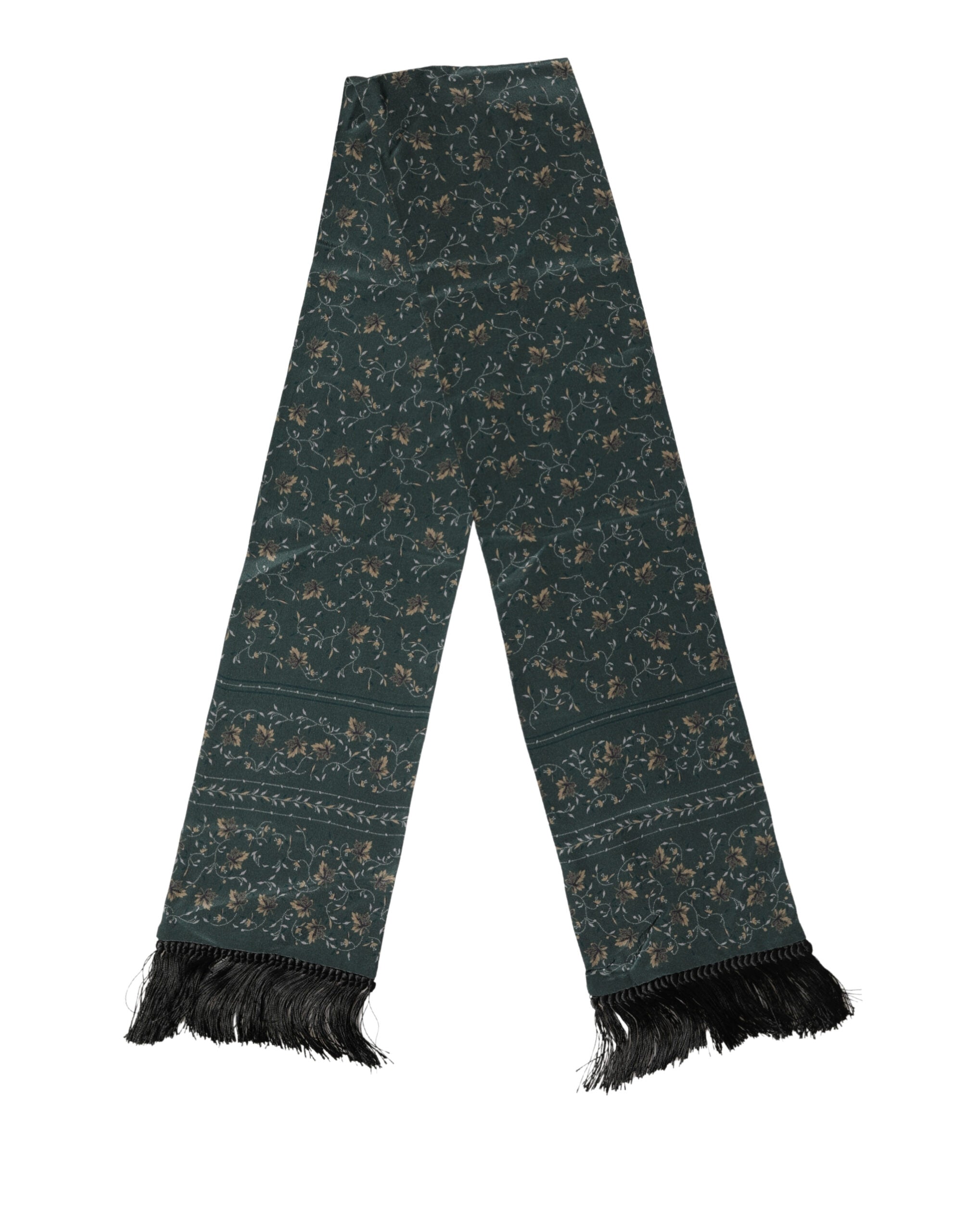 Dolce & Gabbana Green Silk Floral Pattern Fringed 135cm X 16cm  Scarf