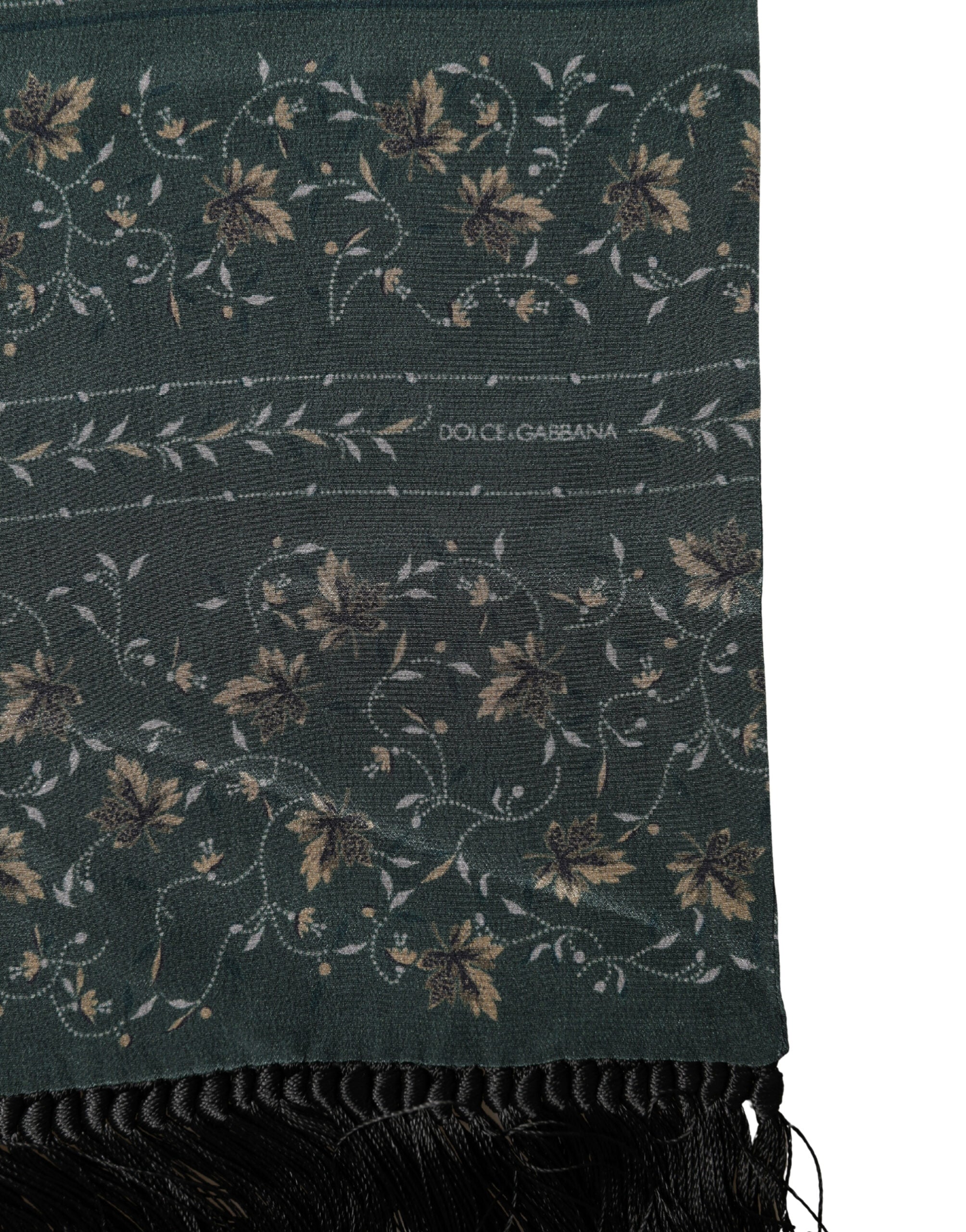 Dolce & Gabbana Green Silk Floral Pattern Fringed 135cm X 16cm  Scarf