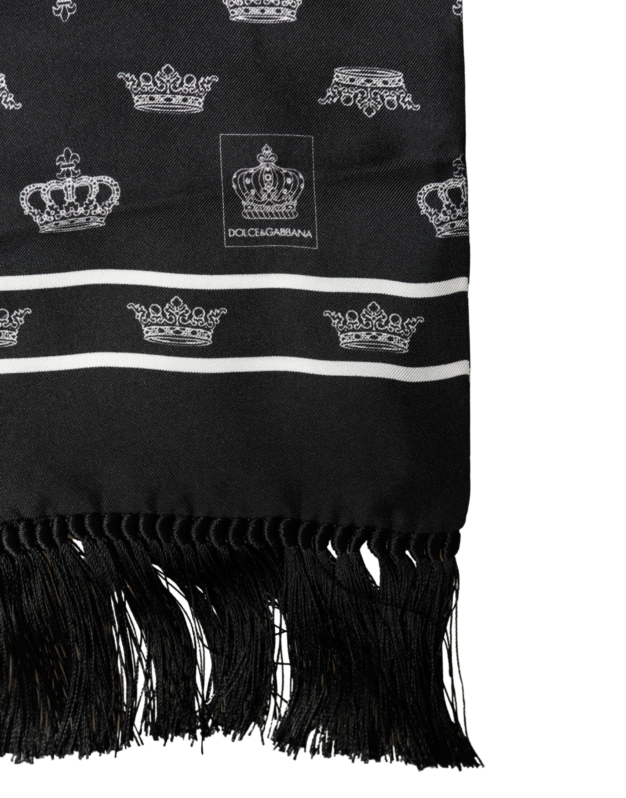 Dolce & Gabbana Black Silk Crown Fringes Neck Wrap Shawl 136cm X 15cm Scarf