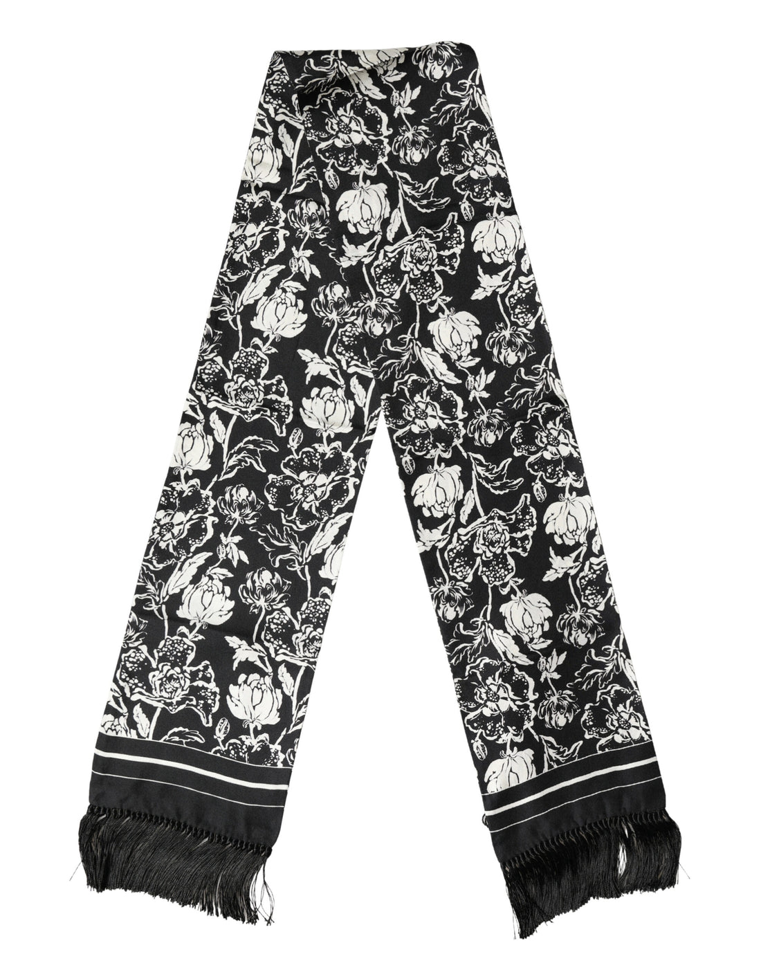 Dolce & Gabbana Black White Silk Floral Print Fringe 136cm X 15.5cm  Scarf