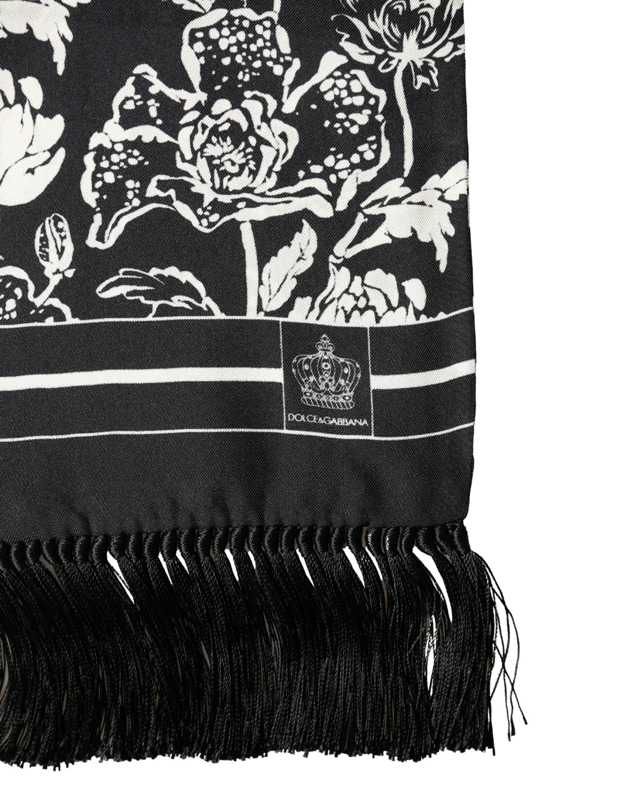 Dolce & Gabbana Black White Silk Floral Print Fringe 136cm X 15.5cm  Scarf