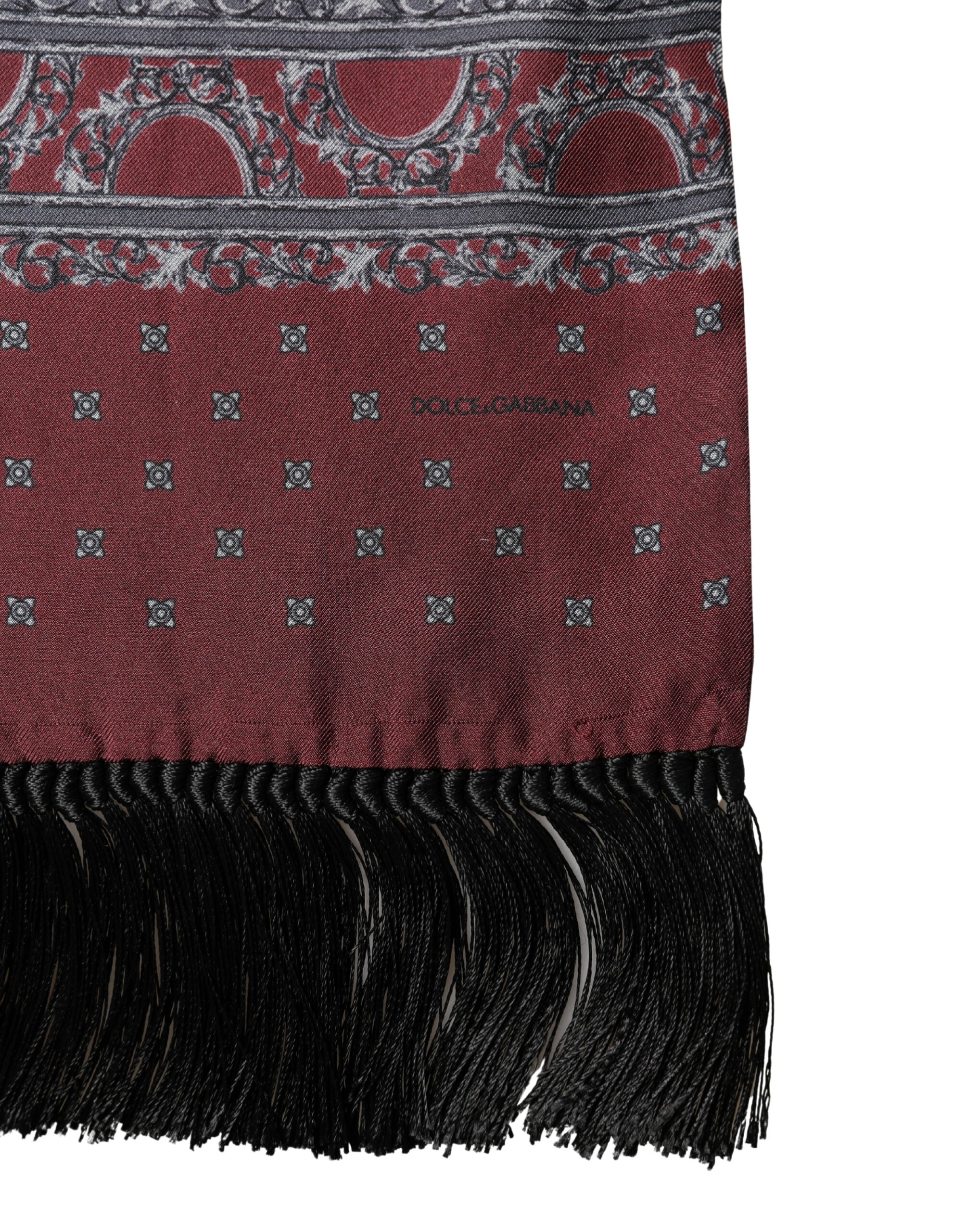 Dolce & Gabbana Burgundy Gray Patterned Fringe Foulard 141cm X 15.5cm  Scarf