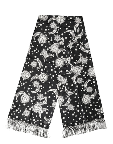 Dolce & Gabbana Black Silk Sun Moon Star Fringe Foulard 178cm X 33cm Scarf