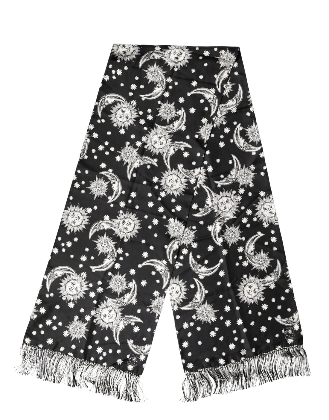 Dolce & Gabbana Black Silk Sun Moon Star Fringe Foulard 178cm X 33cm Scarf