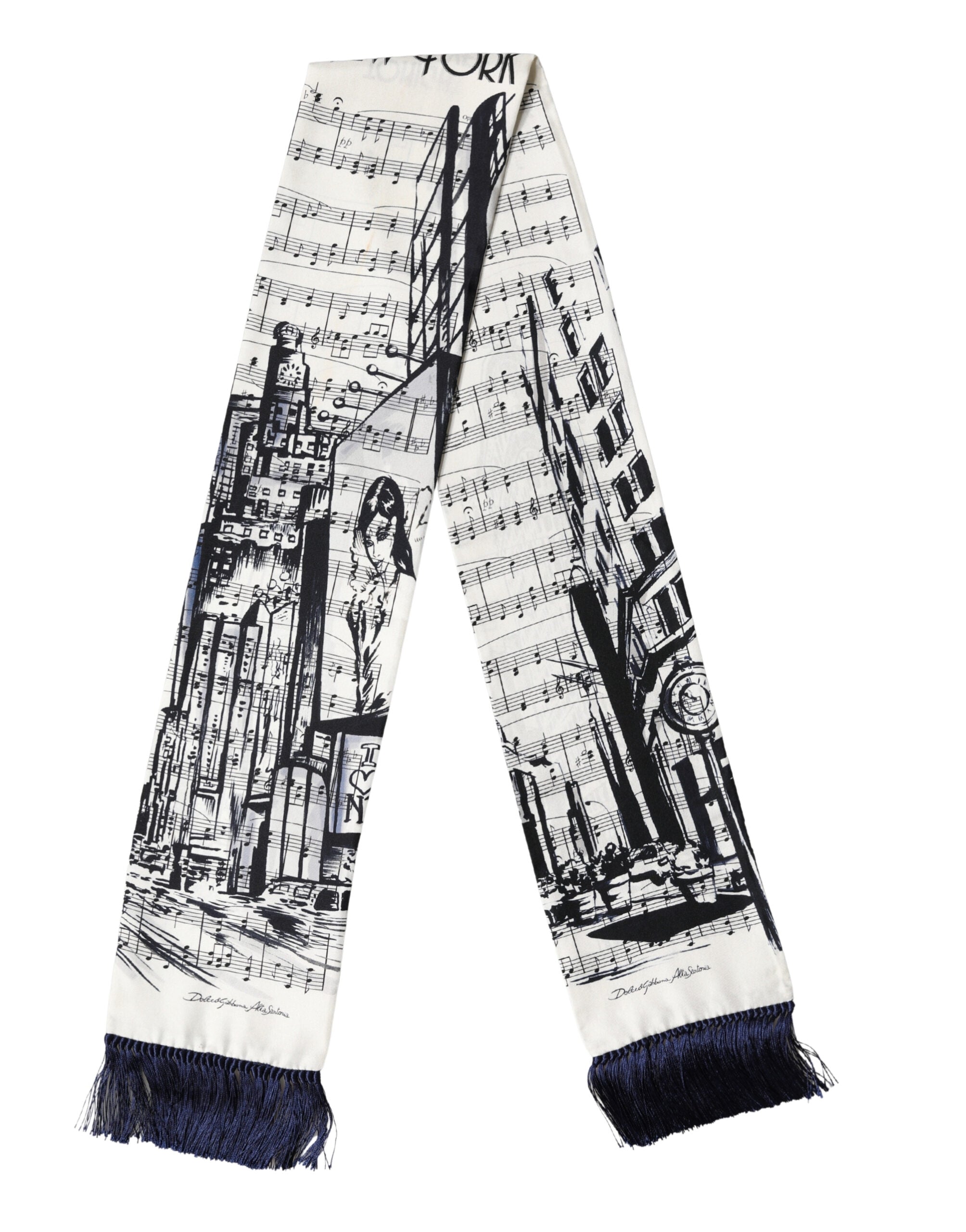 Dolce & Gabbana White Black Music City Print Silk Fringe 141cm X 15cm Scarf