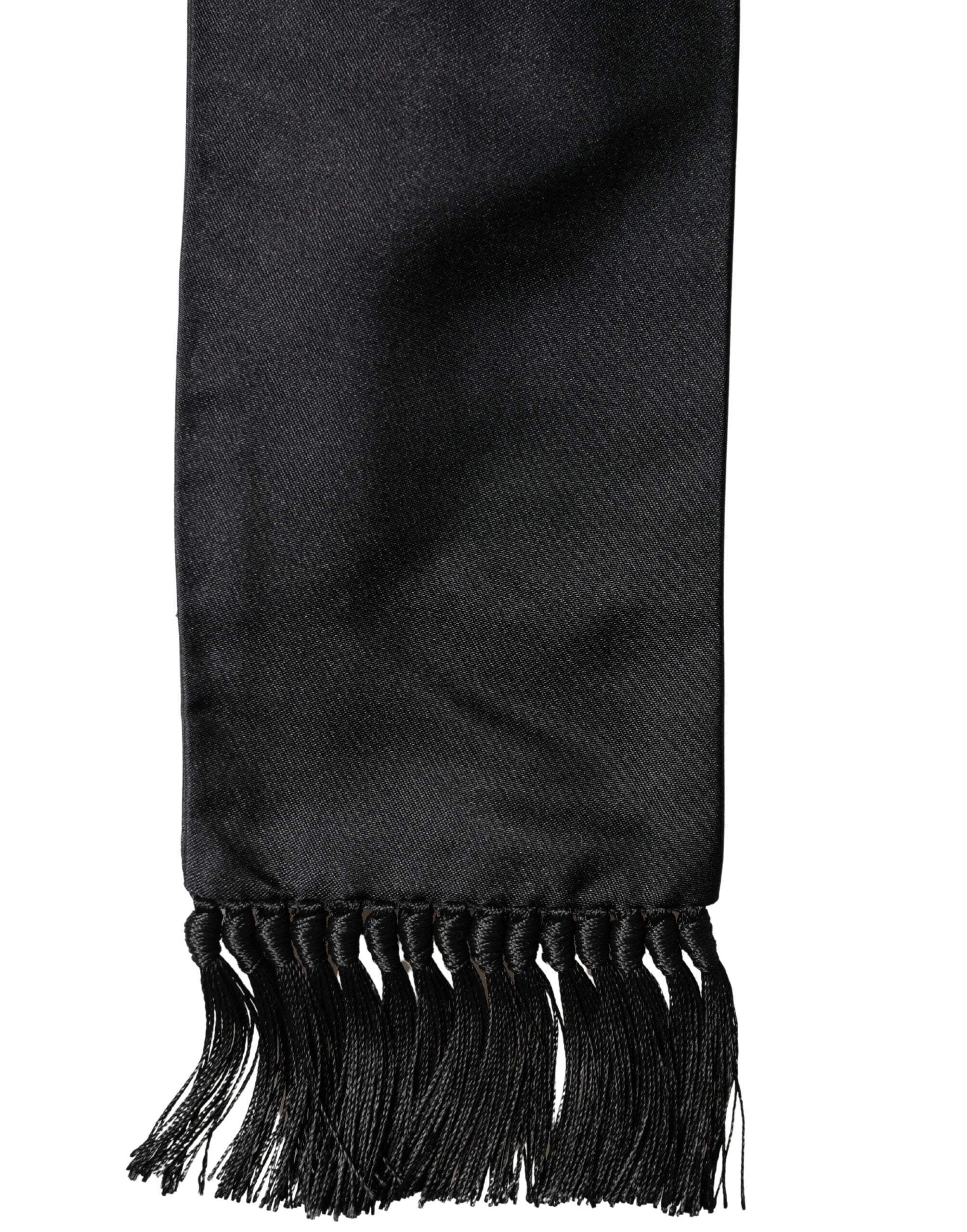 Dolce & Gabbana Black Silk Fringe Neck Wrap Foulard 160.5cm x 8cm  Scarf