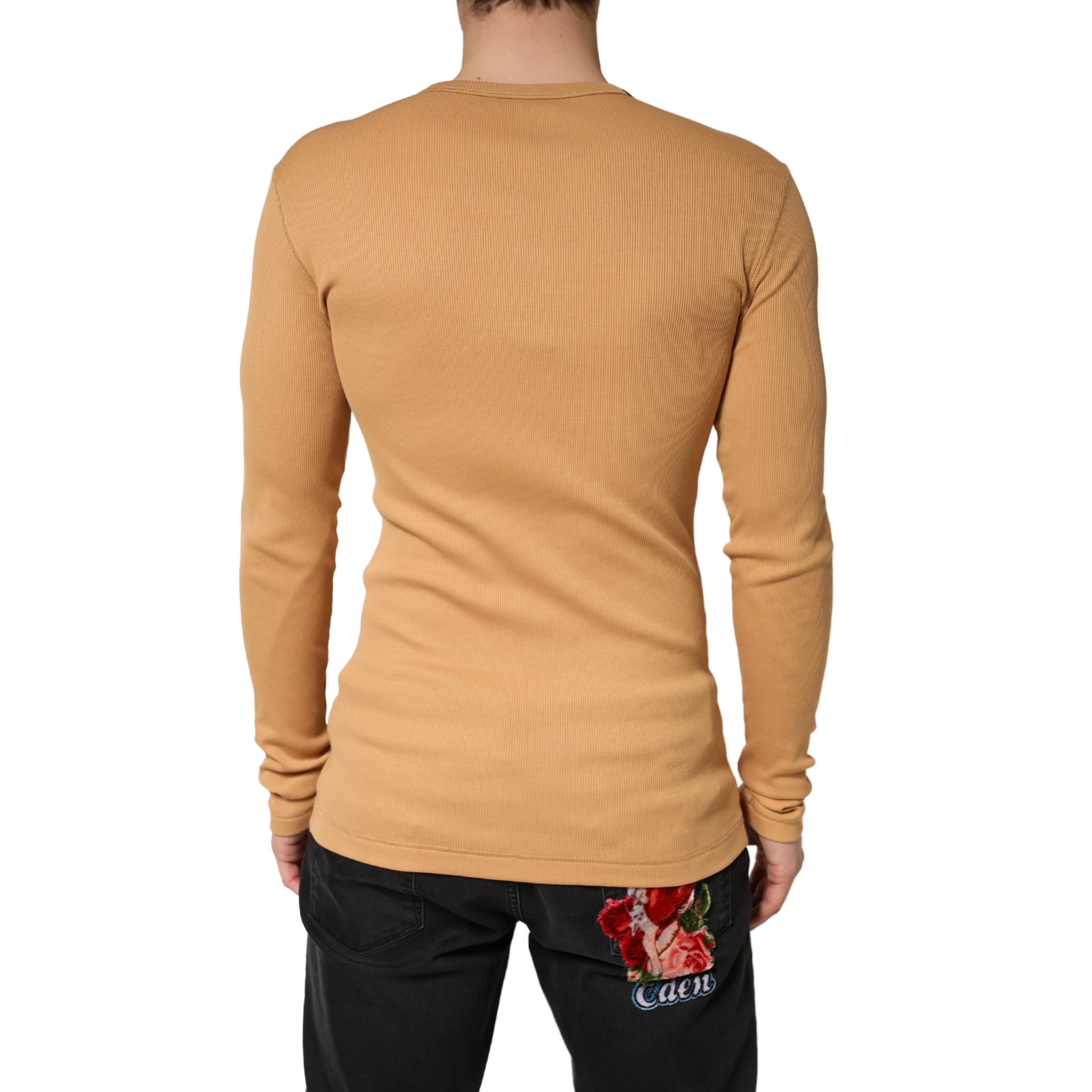 Dolce & Gabbana Camel Ribbed Cotton Long Sleeve Henley Sweater