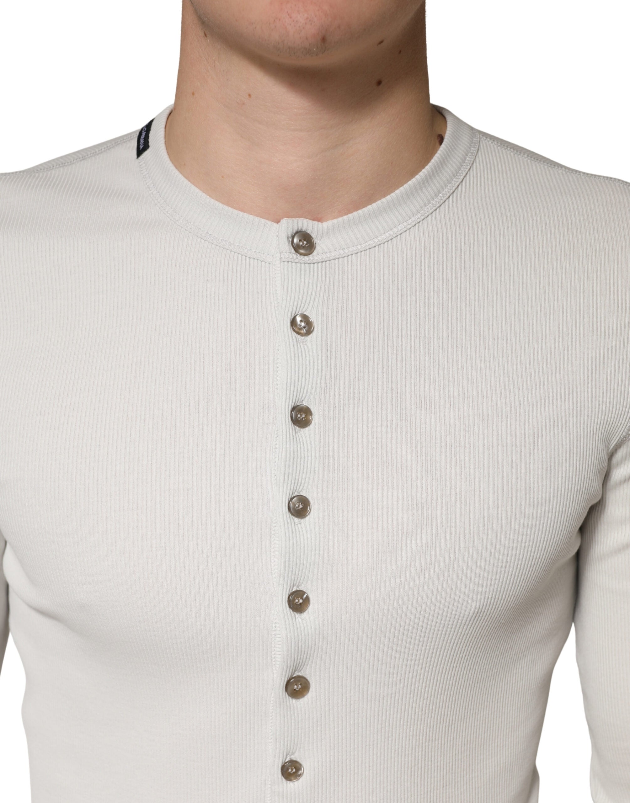 Dolce & Gabbana Gray Ribbed Cotton Long Sleeve Henley  Sweater
