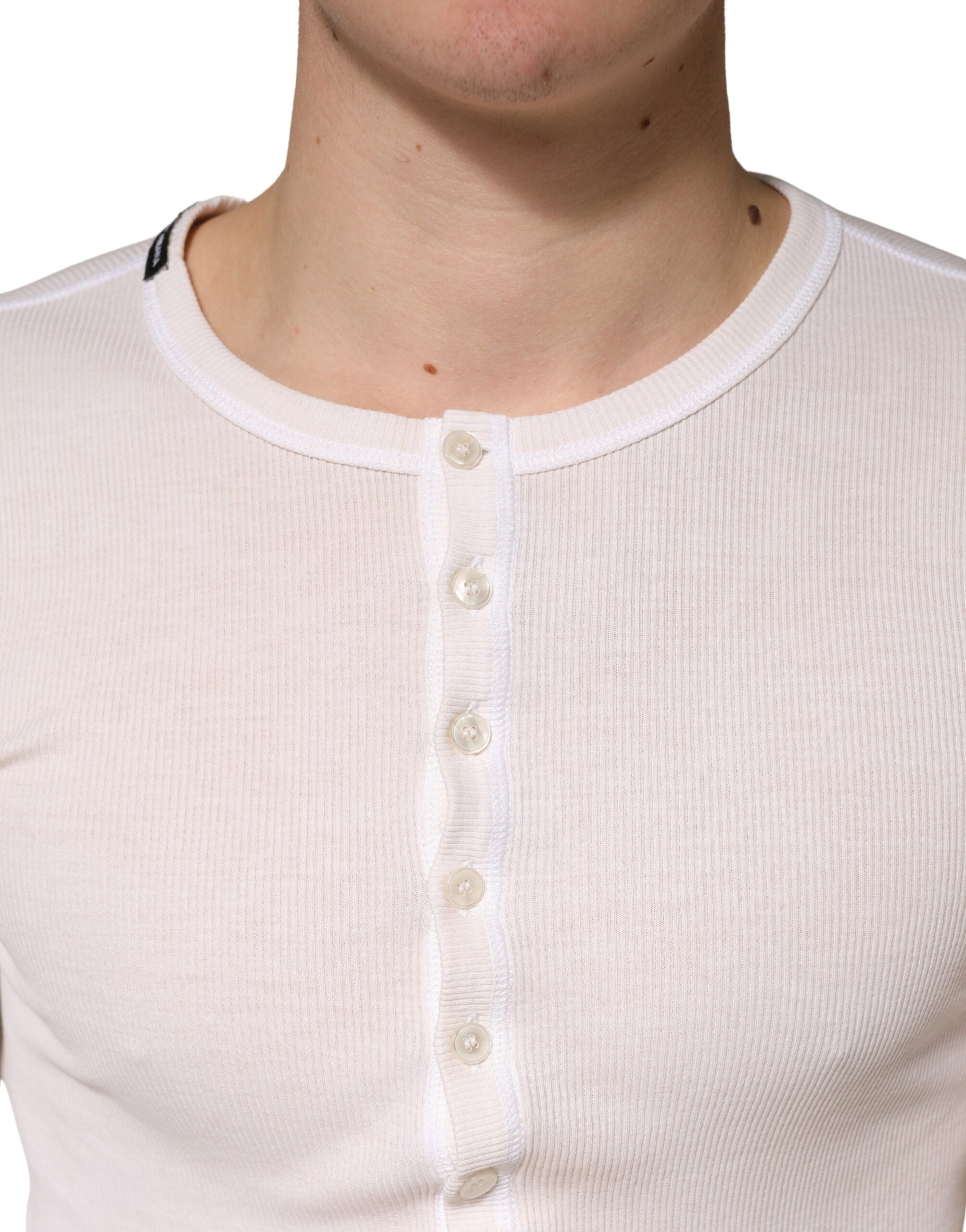 Dolce & Gabbana Ivory Ribbed Cotton Long Sleeve Henley Sweater