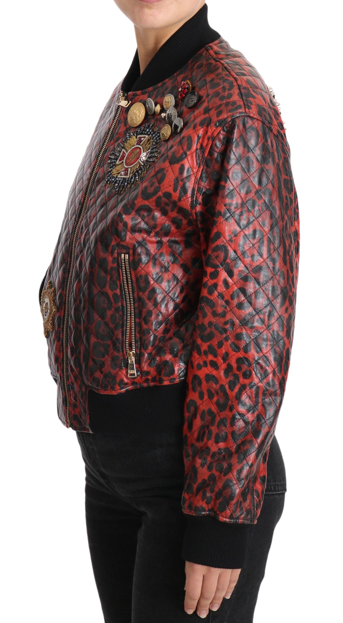 Dolce & Gabbana Red Leopard Button Crystal Leather Jacket - Whispers Of Wisdom Clothing