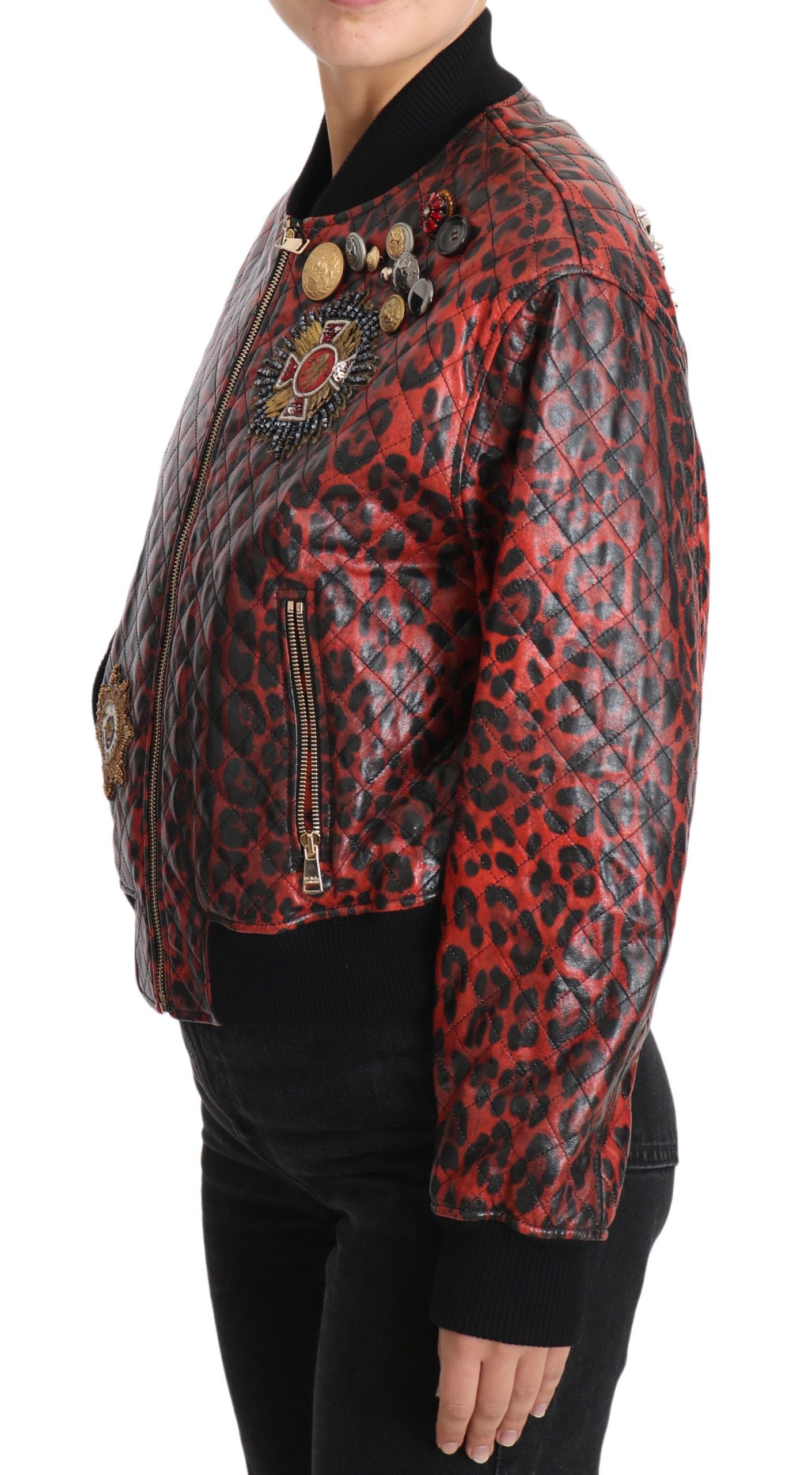 Dolce & Gabbana Red Leopard Button Crystal Leather Jacket - Whispers Of Wisdom Clothing