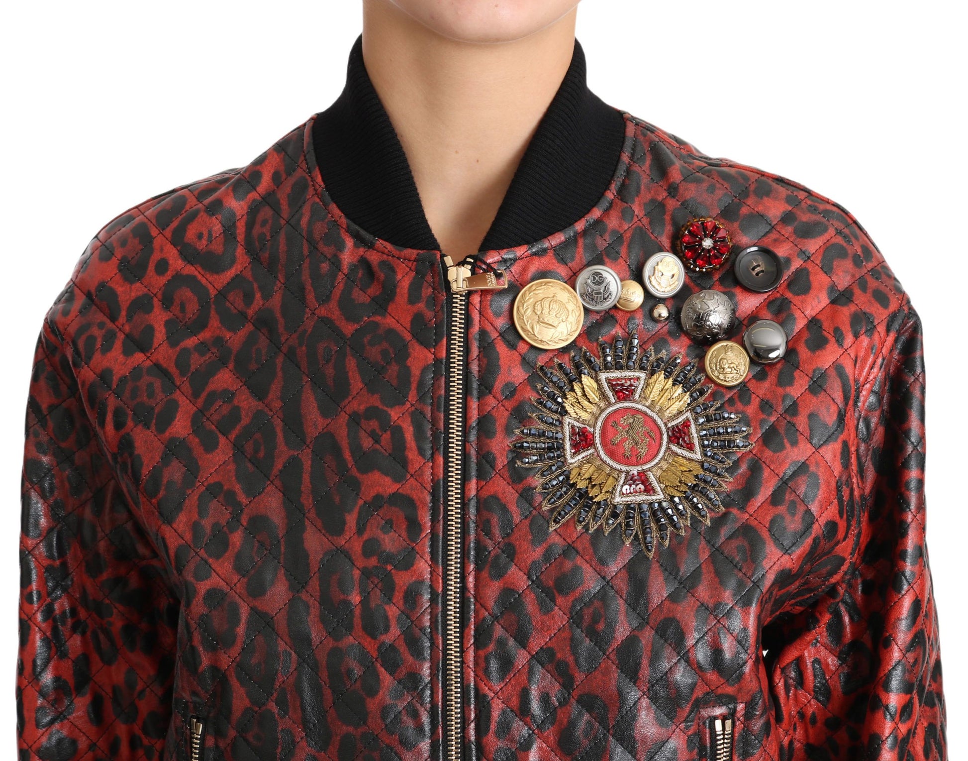Dolce & Gabbana Red Leopard Button Crystal Leather Jacket - Whispers Of Wisdom Clothing