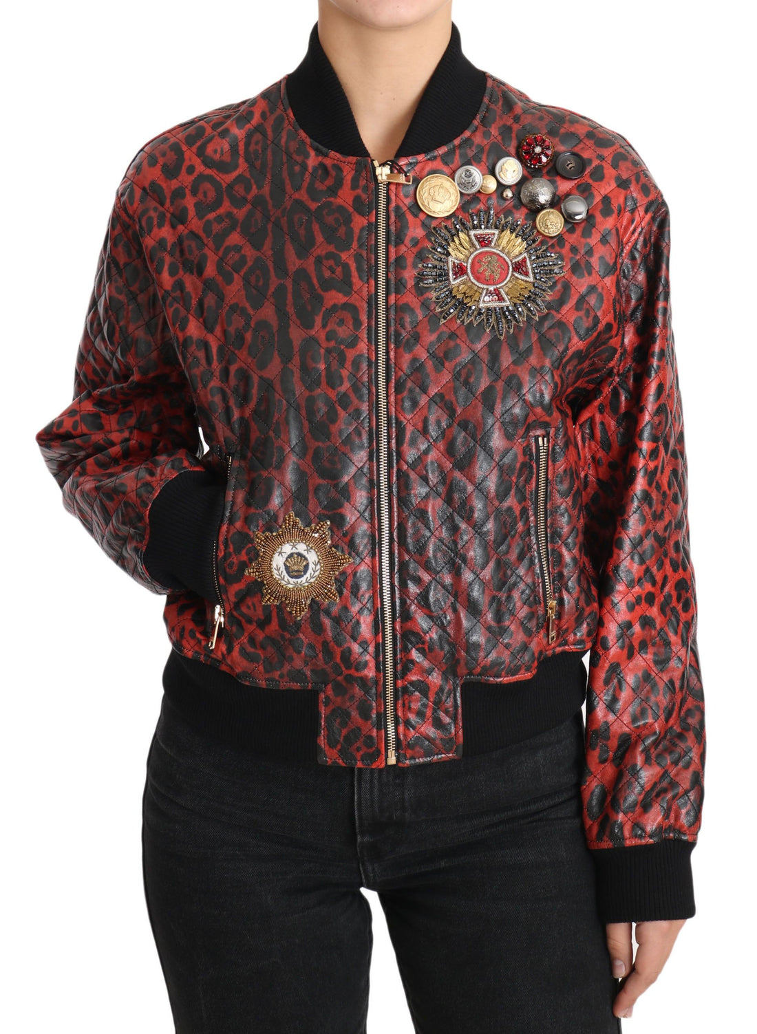 Dolce & Gabbana Red Leopard Button Crystal Leather Jacket - Whispers Of Wisdom Clothing