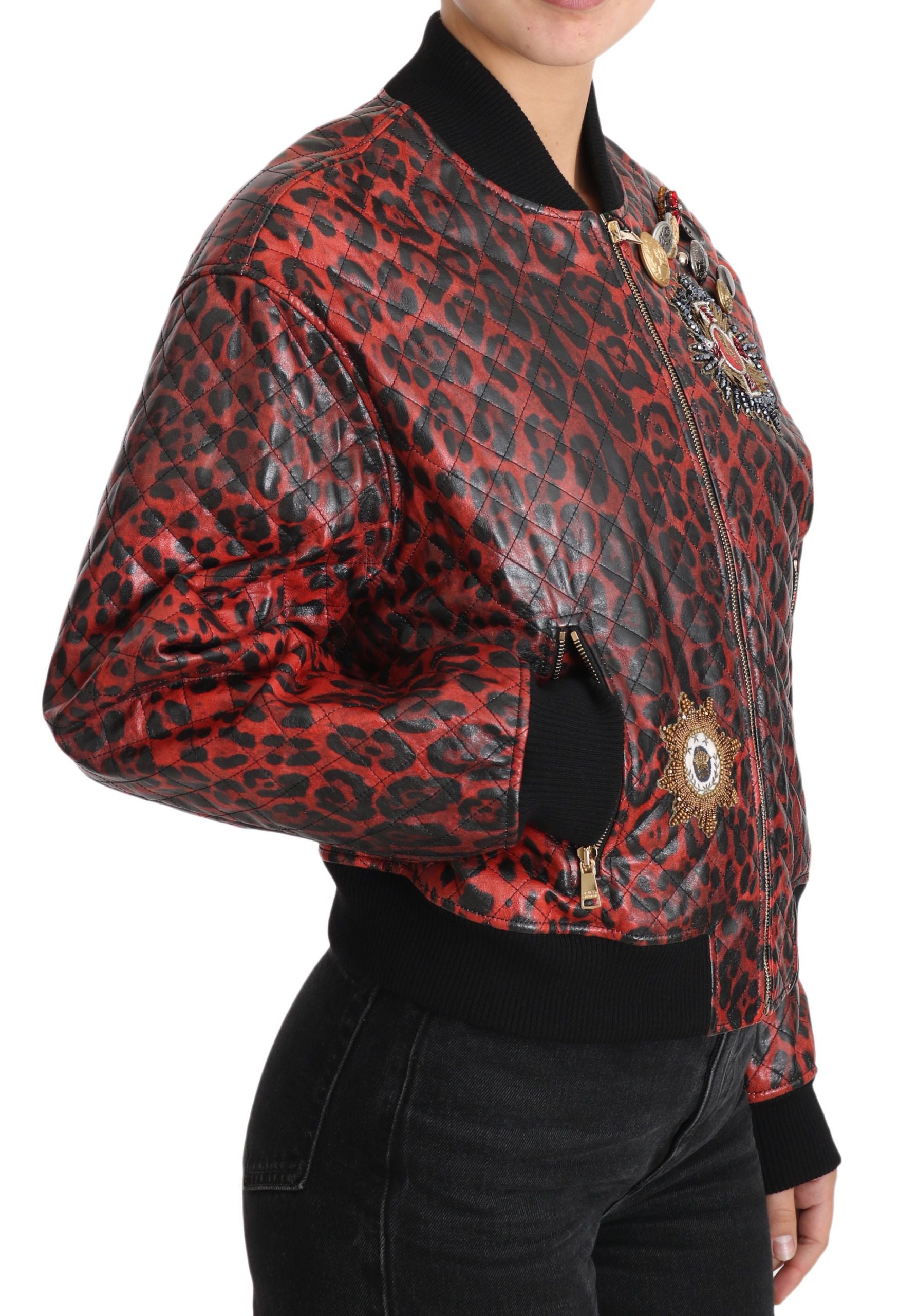 Dolce & Gabbana Red Leopard Button Crystal Leather Jacket - Whispers Of Wisdom Clothing